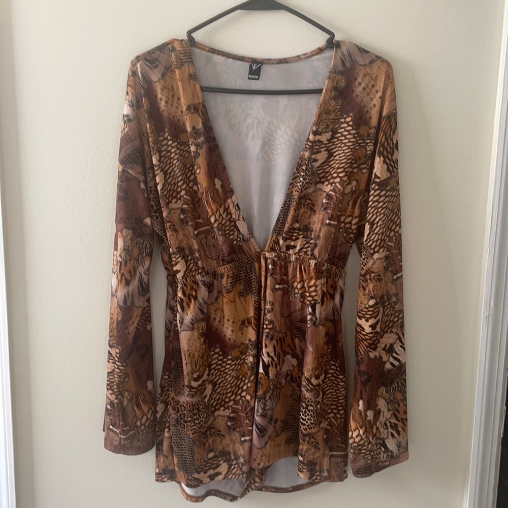 Tan/Brown Print Long Sleeve Romper